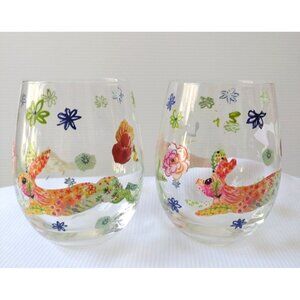 Eastern Bunny Floral Transferware Hand Painted Set Of Two Stemless Wine Glass